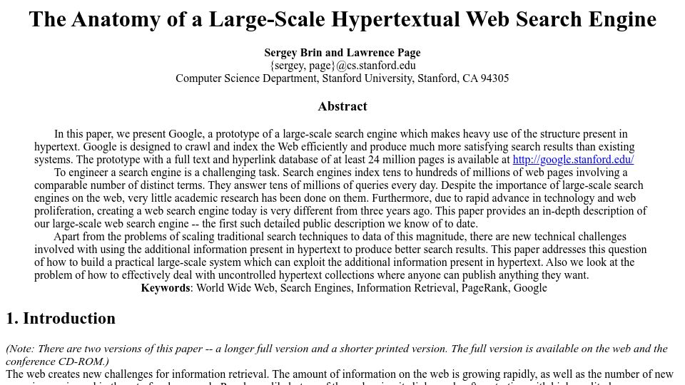 Screenshot of infolab.stanford.edu: The Anatomy of a Large-Scale Hypertextual Web Search Engine (1998)