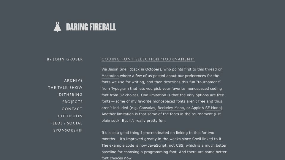 Screenshot of daringfireball.net: Coding Font Selection 'Tournament'