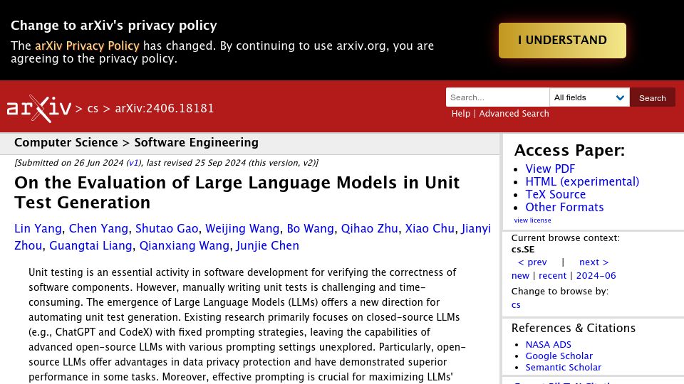 Screenshot of arxiv.org: Empirical Study of Test Generation with LLM's