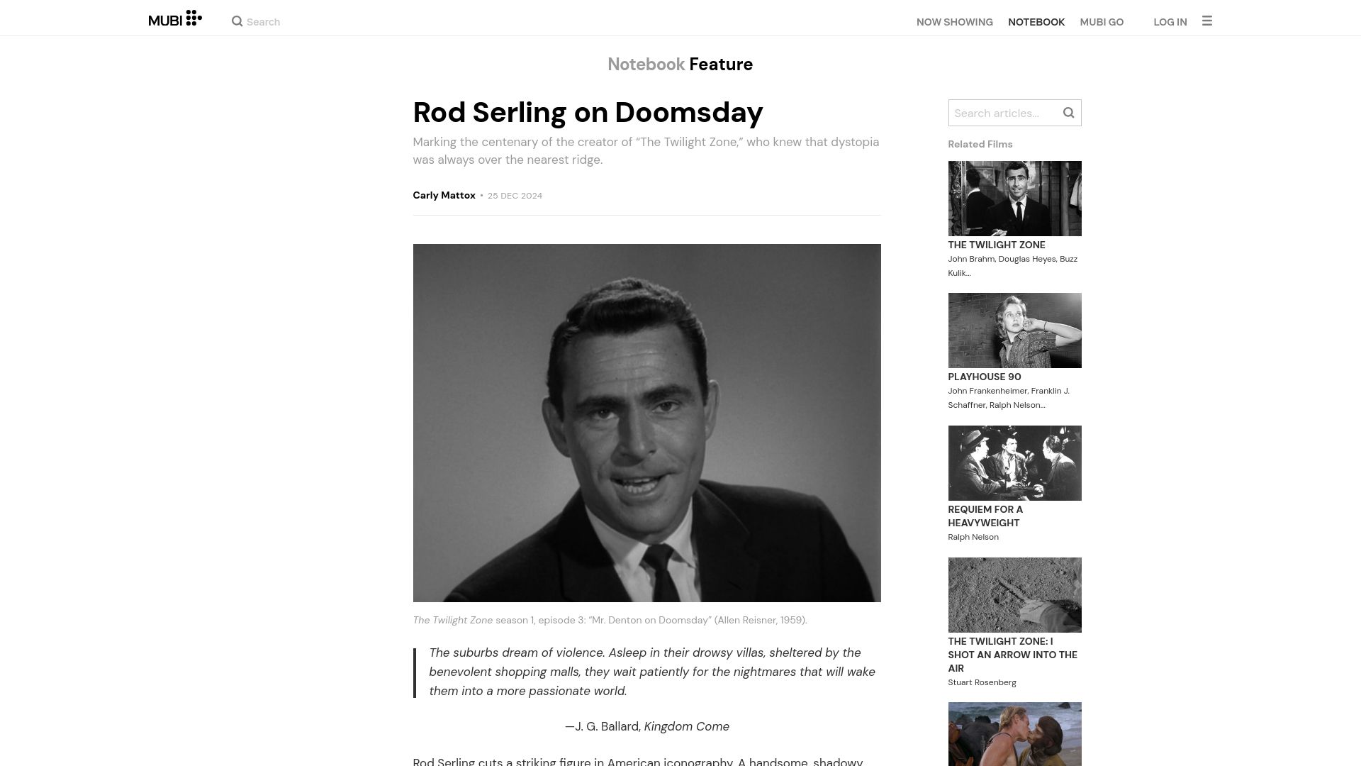 Screenshot of mubi.com: Rod Serling on Doomsday