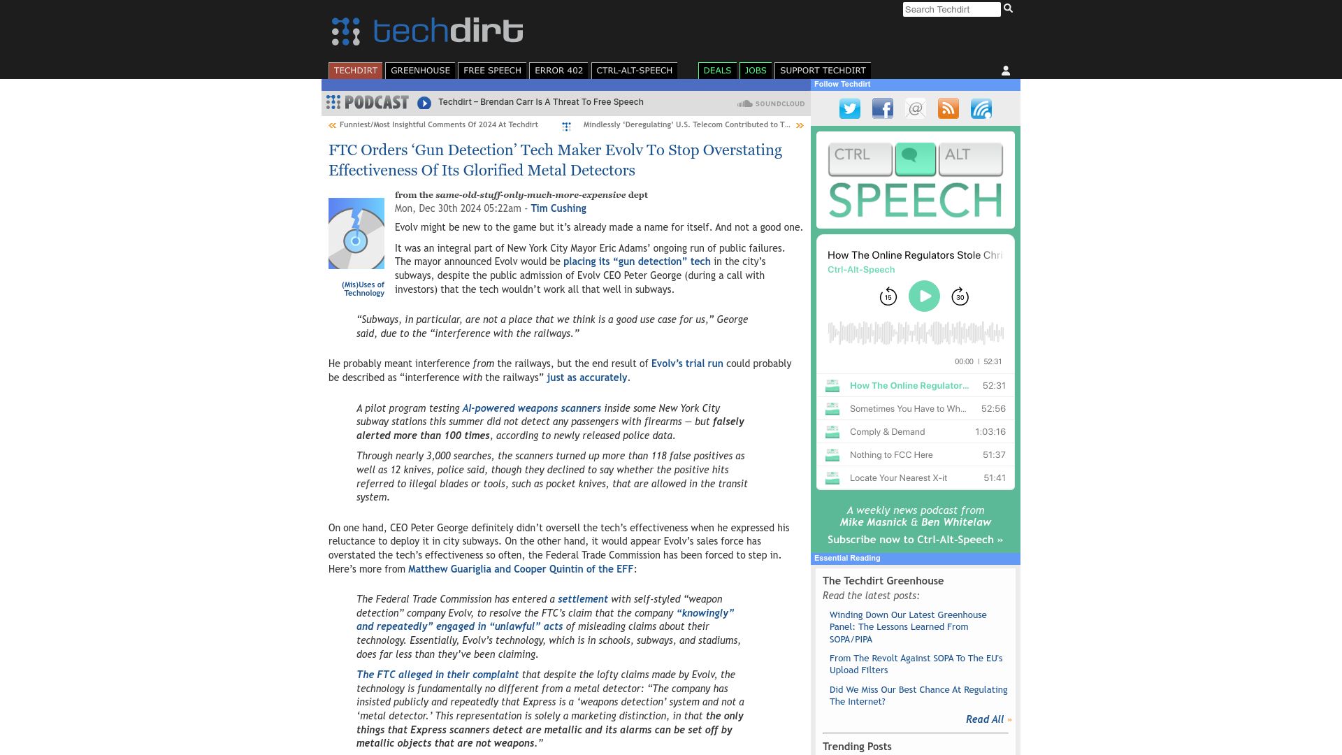 Screenshot of techdirt.com: FTC orders 'gun detection' tech maker Evolv to stop overstating effectiveness