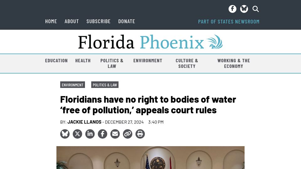 Screenshot of floridaphoenix.com: Floridians have no right to bodies of water 'free of pollution,' court rules