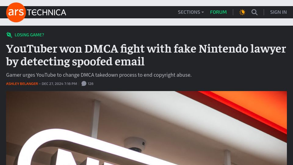 Screenshot of arstechnica.com: YouTuber won DMCA fight with fake Nintendo lawyer by detecting spoofed email
