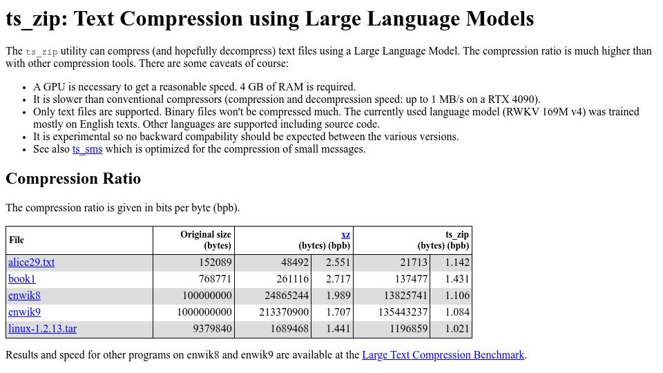 Screenshot of bellard.org: Ts_zip: Text Compression Using Large Language Models