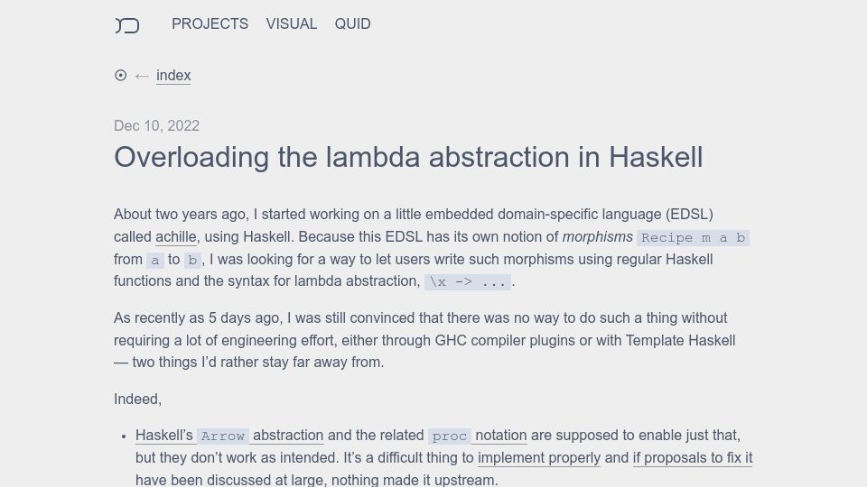 Screenshot of acatalepsie.fr: Overloading the lambda abstraction in Haskell (2022)