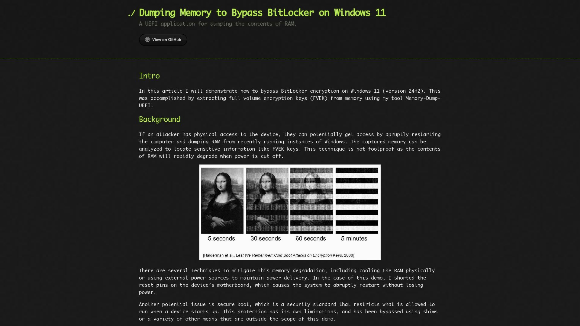 Screenshot of noinitrd.github.io: Dumping Memory to Bypass BitLocker on Windows 11