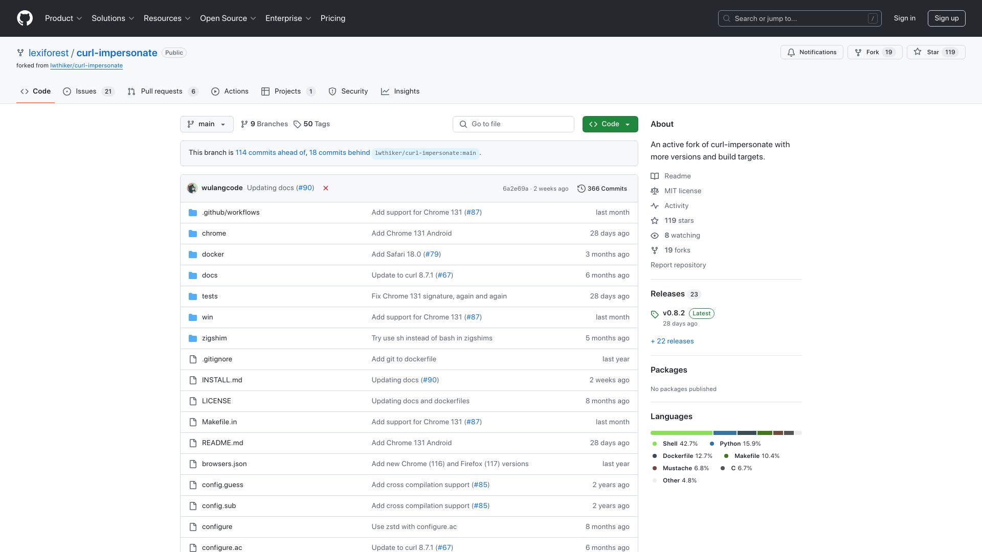 Screenshot of github.com: Curl-Impersonate