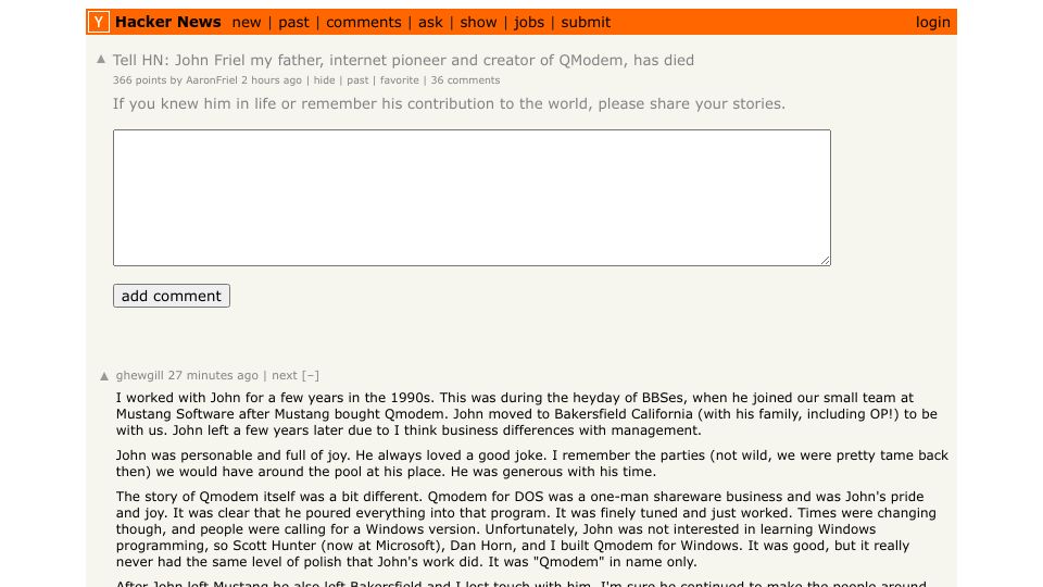 Screenshot of Hacker News post: Tell HN: John Friel my father, internet pioneer and creator of QModem, has died
