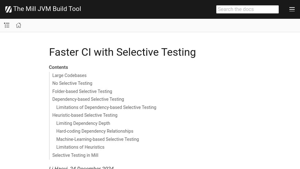 Screenshot of mill-build.org: Faster CI with Selective Testing