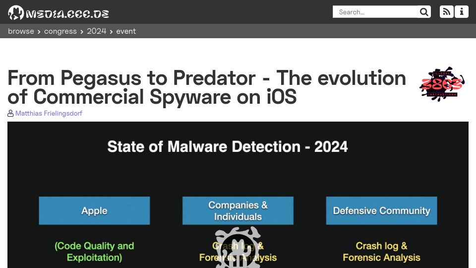 Screenshot of media.ccc.de: From Pegasus to Predator – The evolution of commercial spyware on iOS [video]