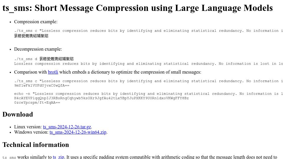 Screenshot of bellard.org: Short Message Compression Using LLMs