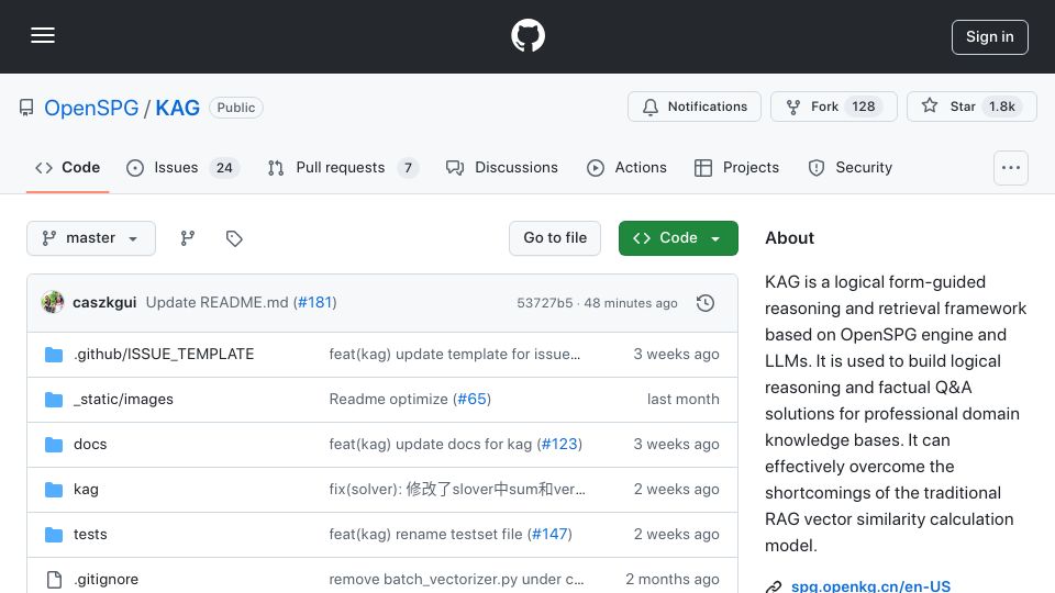 Screenshot of github.com: KAG – Knowledge Graph RAG Framework