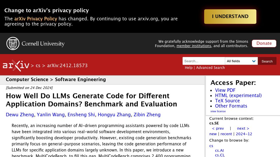 Screenshot of arxiv.org: How Well Do LLMs Generate Code for Different Application Domains?