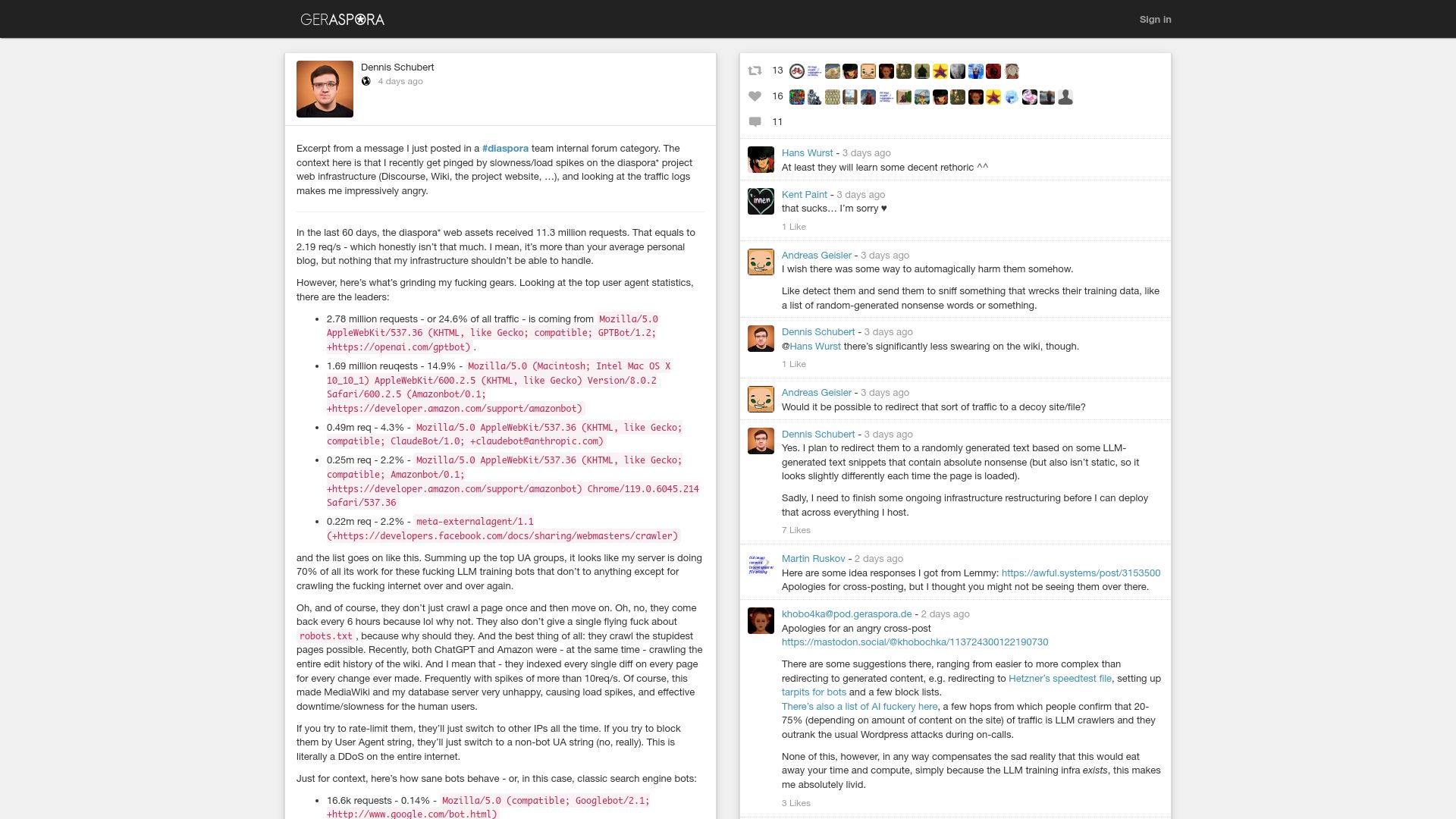 Screenshot of pod.geraspora.de: AI companies cause most of traffic on forums