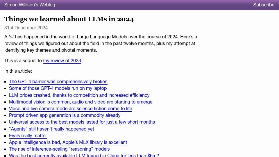 Screenshot of simonwillison.net: Things we learned about LLMs in 2024