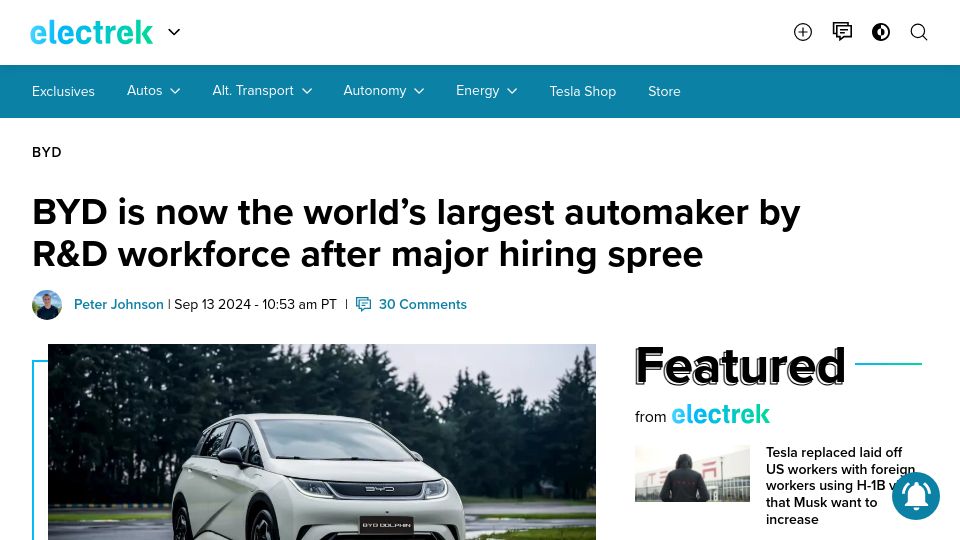 Screenshot of electrek.co: BYD is automaker with the most R&D staff in the world
