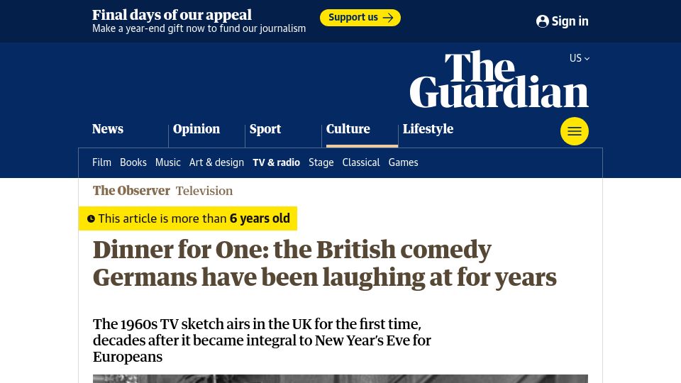 Screenshot of theguardian.com: Dinner for One: British comedy Germans have been laughing at for years (2018)