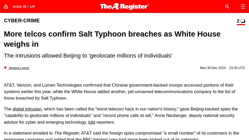 Screenshot of theregister.com: More telcos confirm Salt Typhoon breaches as White House weighs in