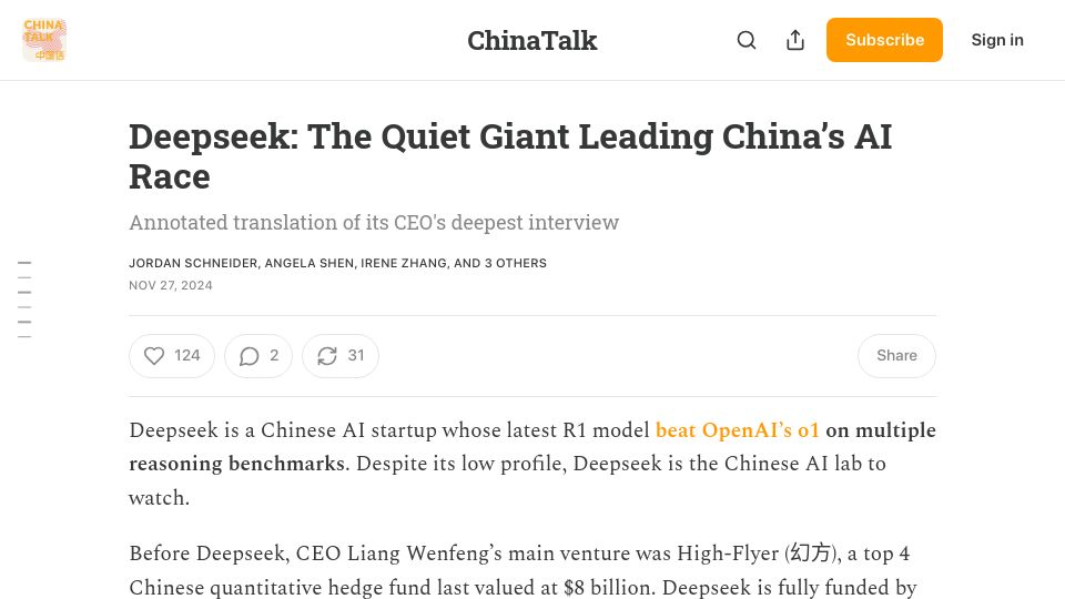 Screenshot of chinatalk.media: Deepseek: The quiet giant leading China’s AI race