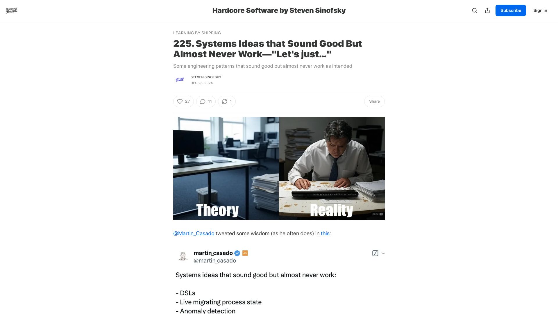 Screenshot of hardcoresoftware.learningbyshipping.com: Systems ideas that sound good but almost never work