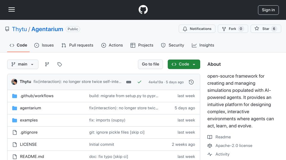 Screenshot of github.com: Agentarium: Creating social simulations with AI Agents