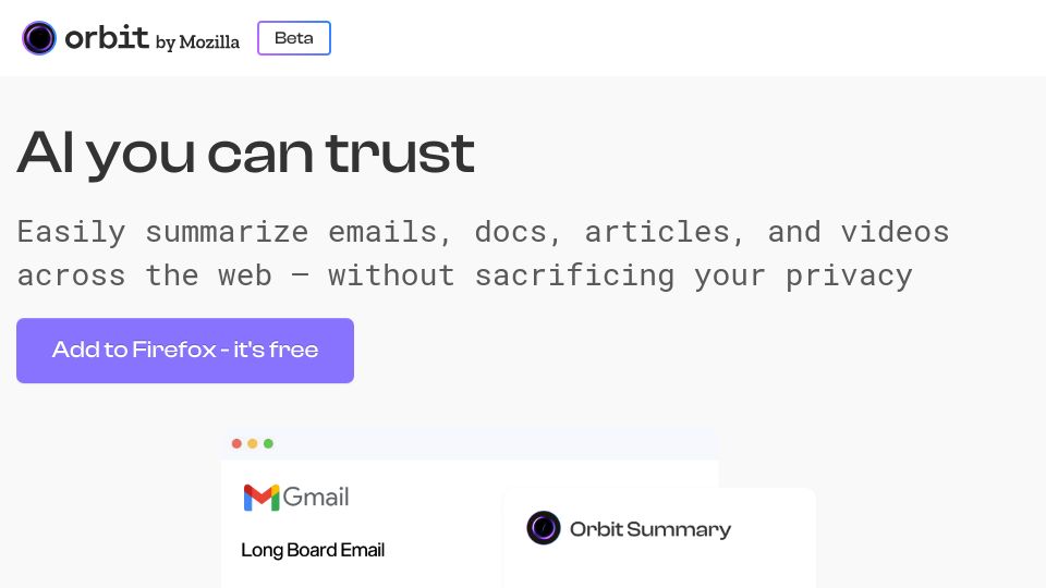 Screenshot of orbitbymozilla.com: Orbit by Mozilla