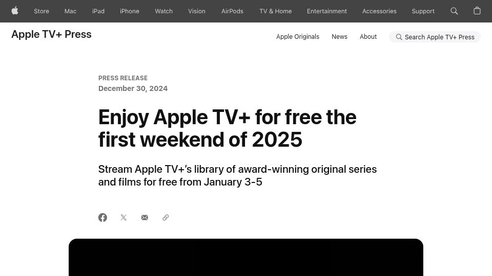Screenshot of apple.com: Apple TV+ free first weekend of 2025