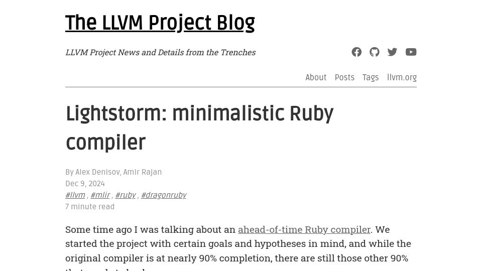 Screenshot of blog.llvm.org: Lightstorm: Minimalistic Ruby Compiler