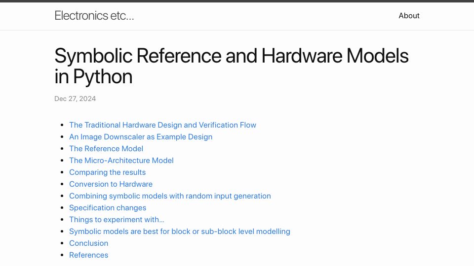 Screenshot of tomverbeure.github.io: Symbolic Reference and Hardware Models in Python