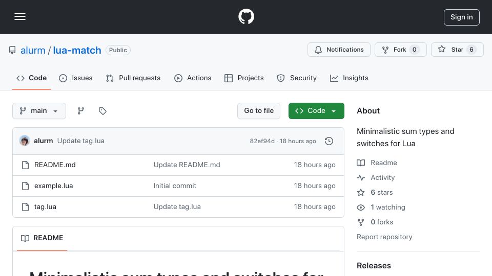 Screenshot of github.com: I made a tiny library for switches and sum types in Lua