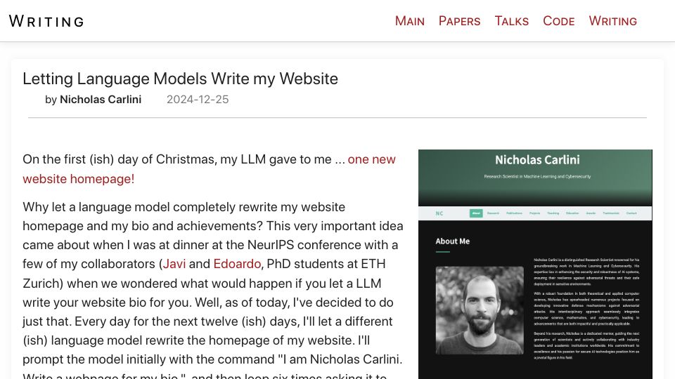 Screenshot of nicholas.carlini.com: Letting Language Models Write My Website
