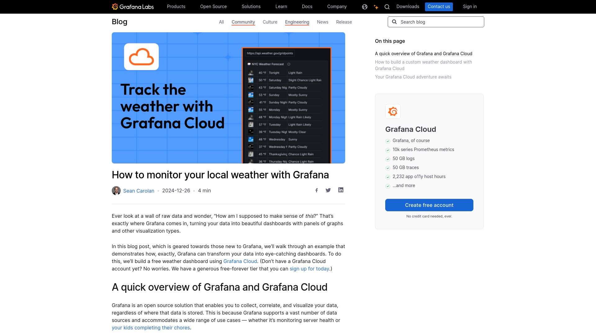 Screenshot of grafana.com: How to monitor your local weather with Grafana