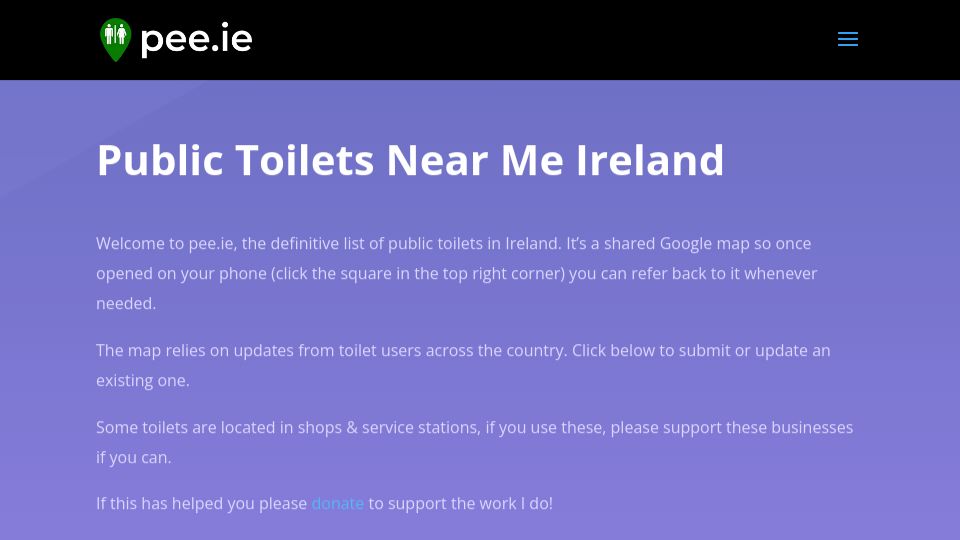 Screenshot of pee.ie: Pee.ie – Public Toilets Near Me Ireland
