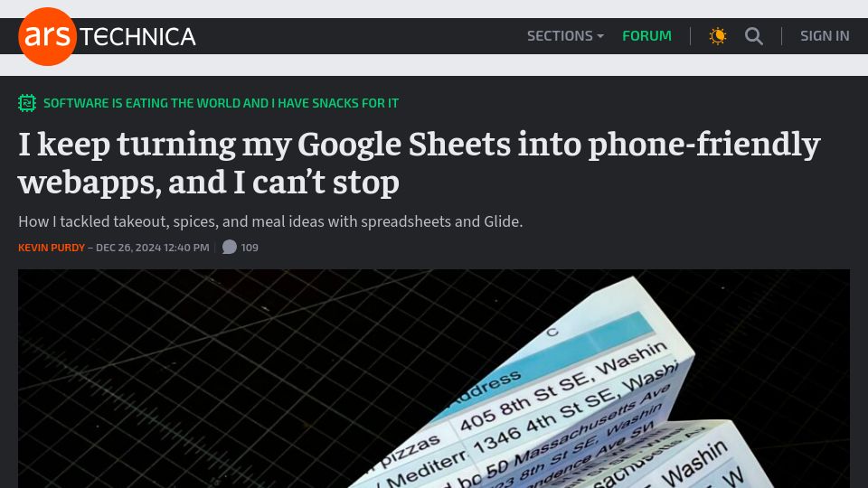 Screenshot of arstechnica.com: I keep turning my Google Sheets into phone-friendly webapps