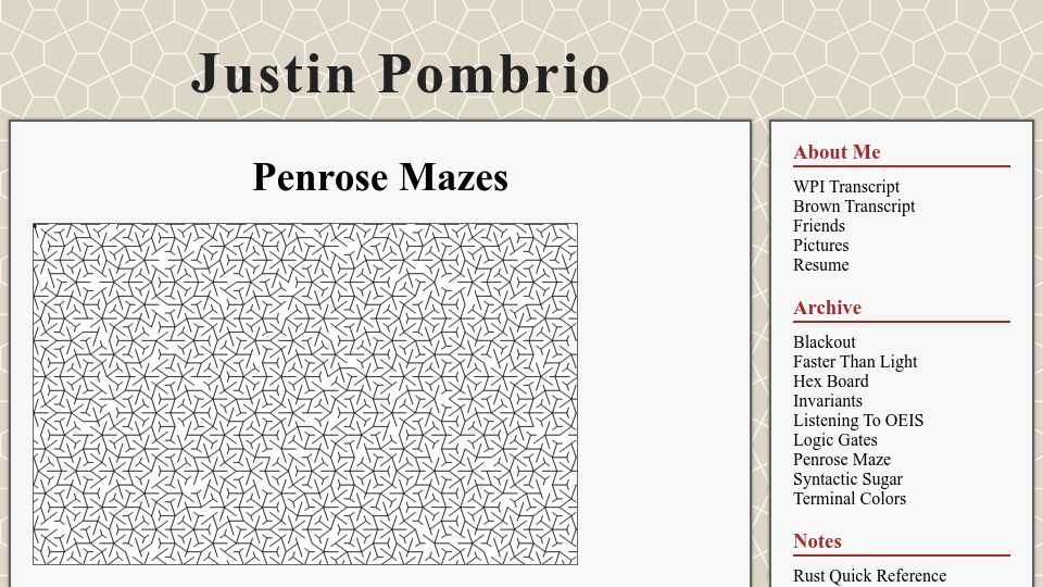 Screenshot of justinpombrio.net: Penrose Mazes (2020)