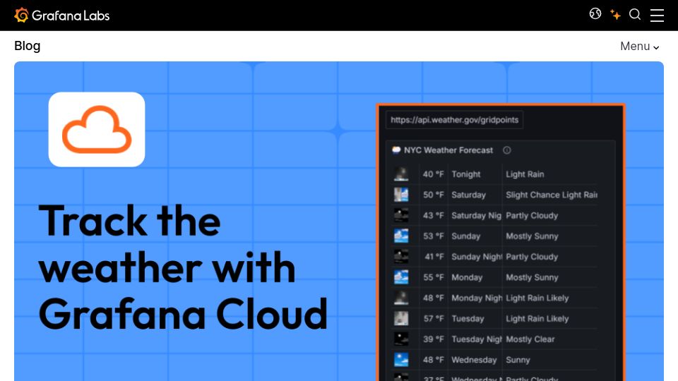 Screenshot of grafana.com: How to monitor your local weather with Grafana
