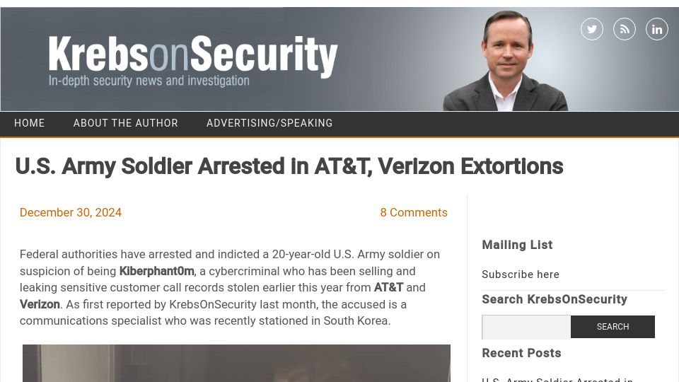 Screenshot of krebsonsecurity.com: U.S. Army Soldier Arrested in AT&T, Verizon Extortions