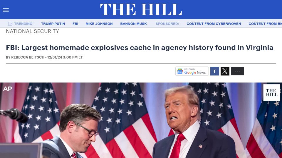 Screenshot of thehill.com: FBI: Largest homemade explosives cache in agency history found in Virginia