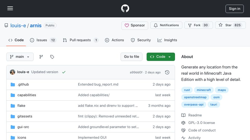 Screenshot of github.com: Arnis: Generate cities in Minecraft from OpenStreetMap