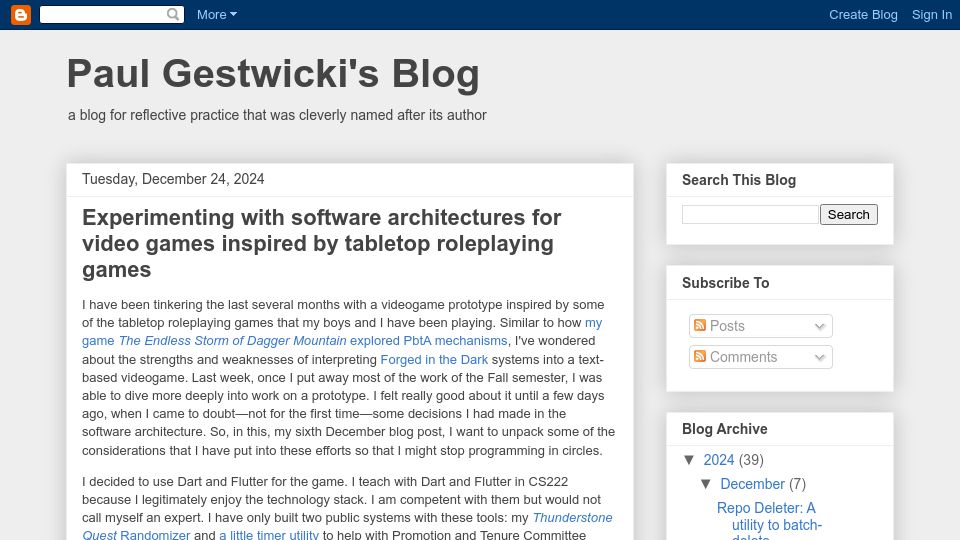 Screenshot of paulgestwicki.blogspot.com: Experimenting with architectures for video games inspired by tabletop games
