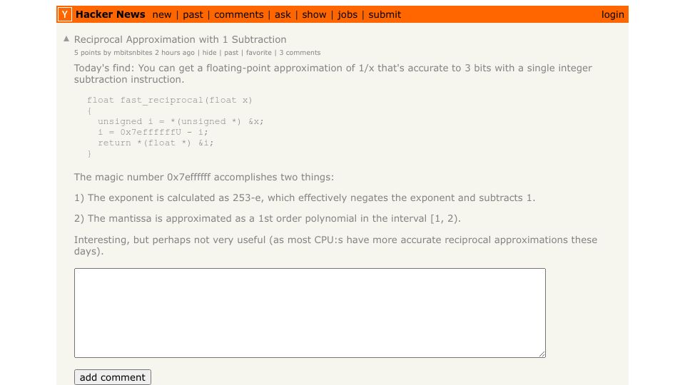 Screenshot of Hacker News post: Reciprocal Approximation with 1 Subtraction