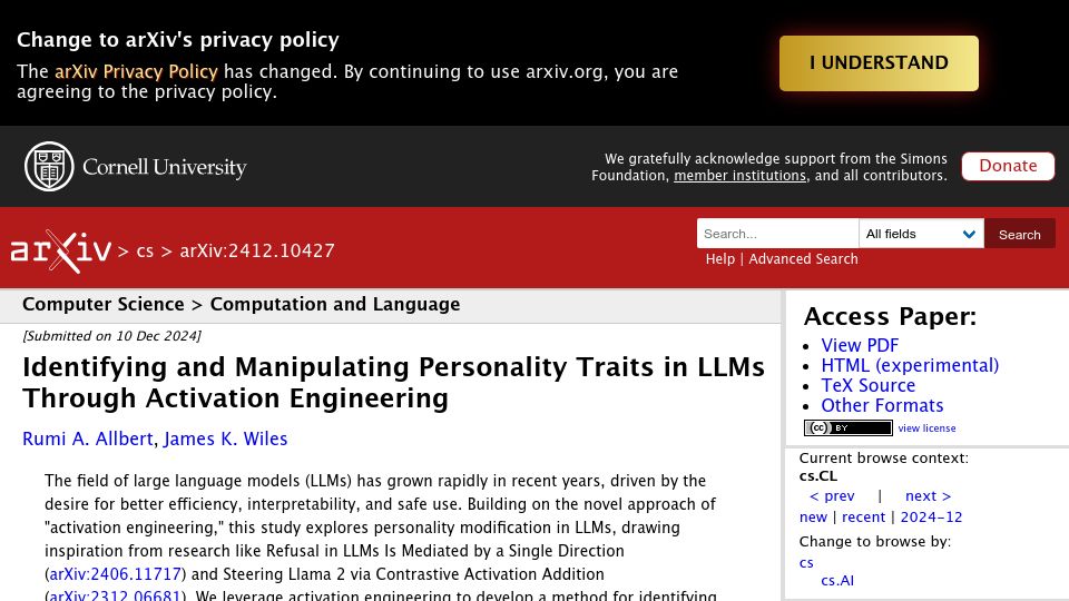 Screenshot of arxiv.org: Identifying and Manipulating LLM Personality Traits via Activation Engineering