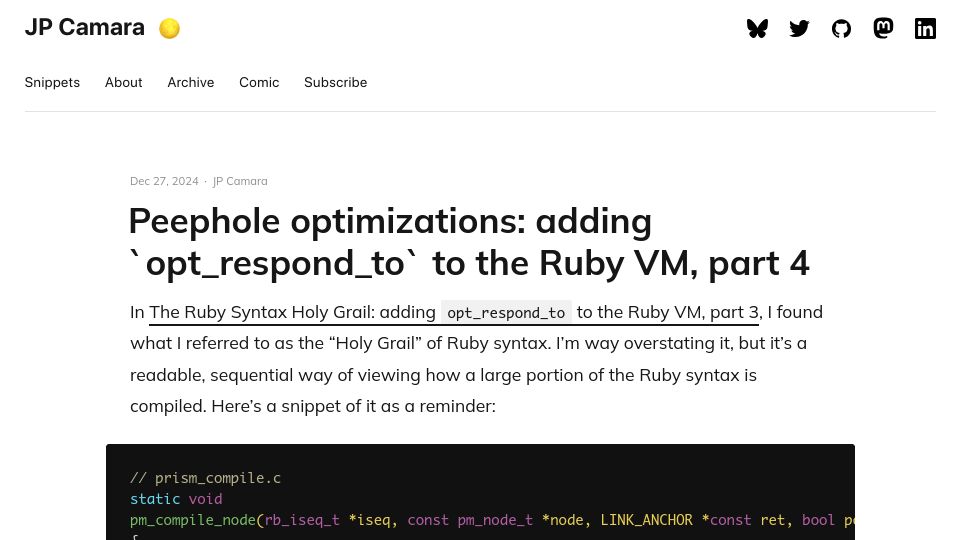 Screenshot of jpcamara.com: Peephole optimizations: adding `opt_respond_to` to the Ruby VM, part 4
