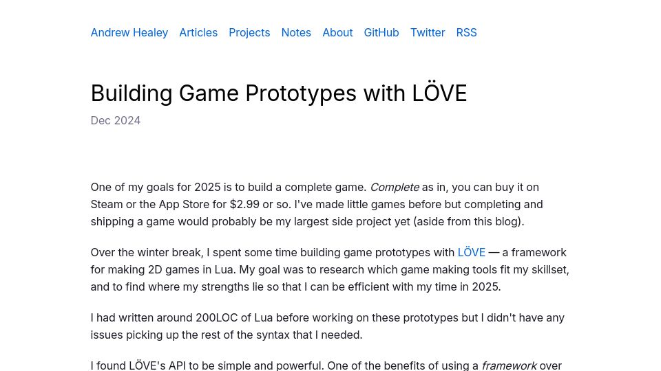 Screenshot of healeycodes.com: Building Game Prototypes with LÖVE