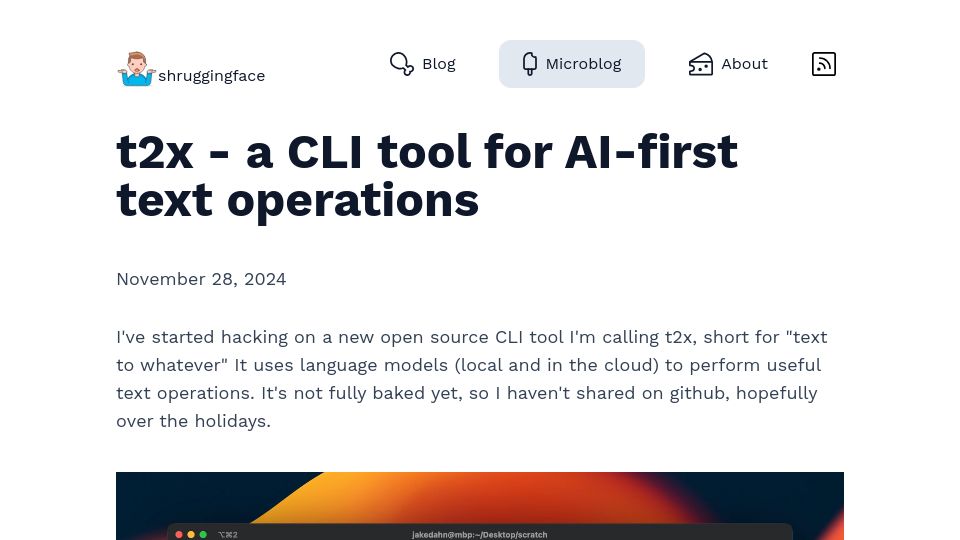 Screenshot of shruggingface.com: T2x – a CLI tool for AI-first text operations