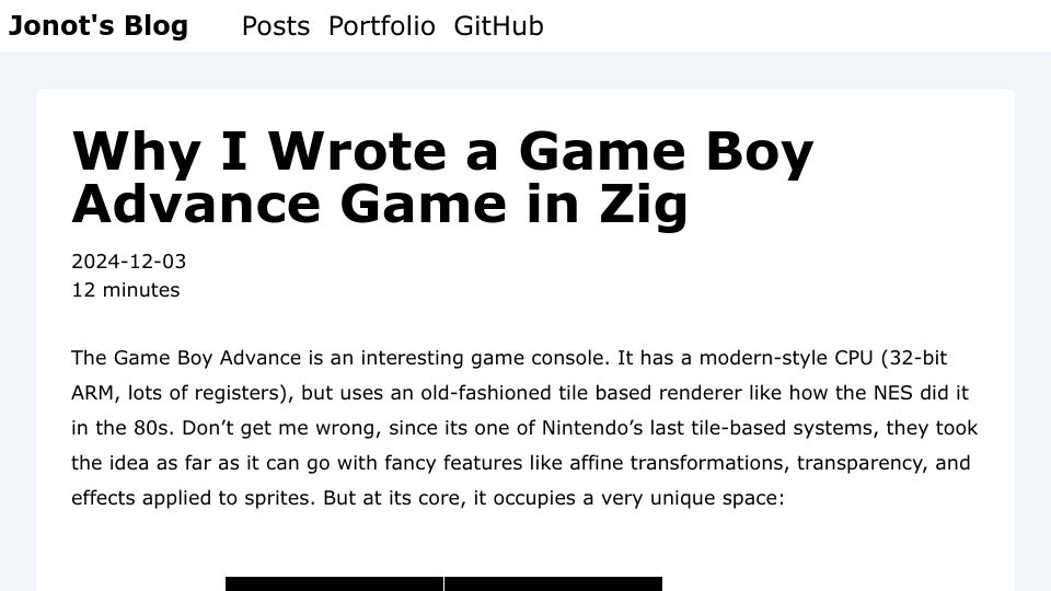 Screenshot of jonot.me: I wrote a Game Boy Advance game in Zig