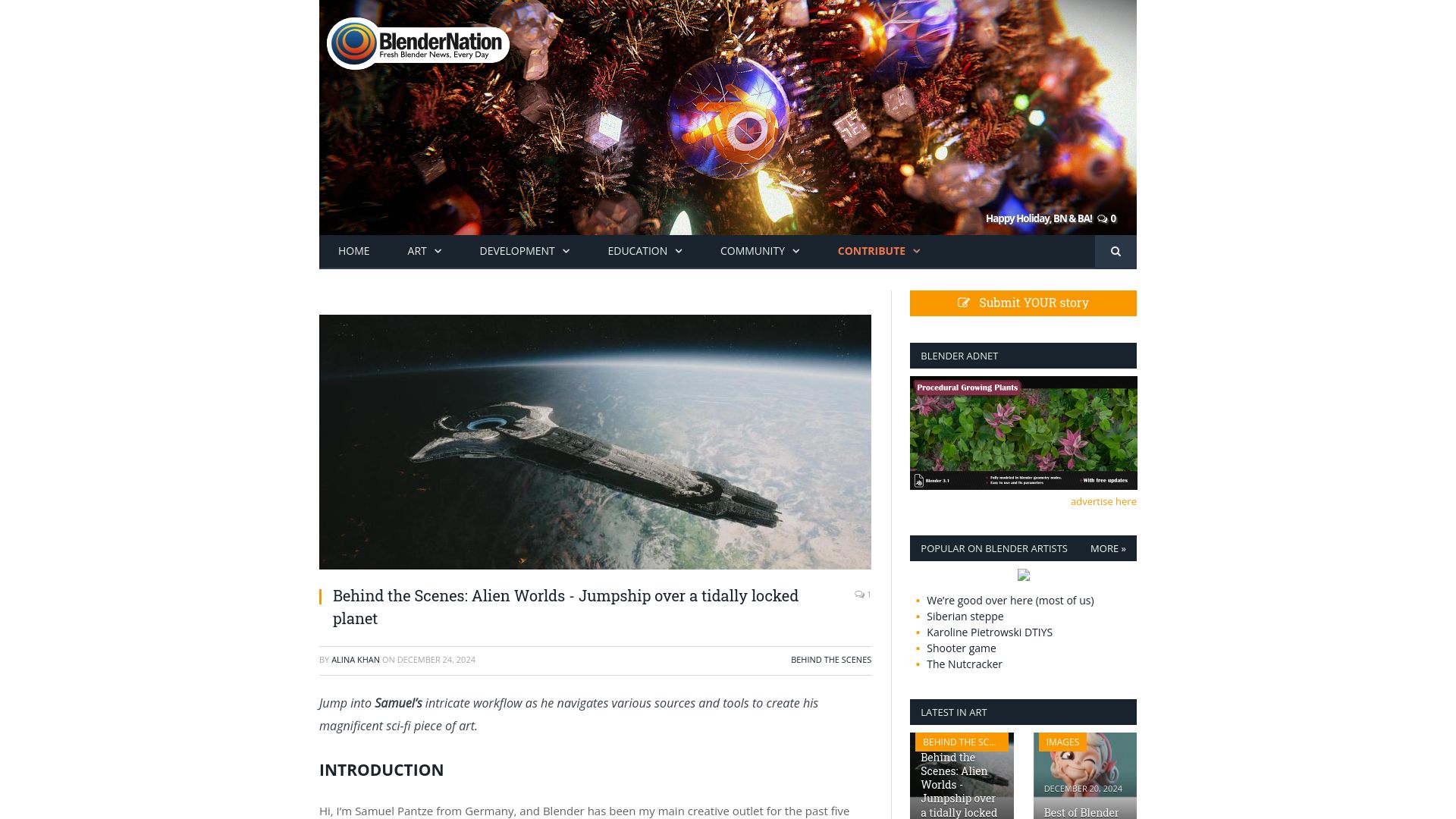 Screenshot of blendernation.com: Behind the Scenes: Alien Worlds – Jumpship over a tidally locked planet