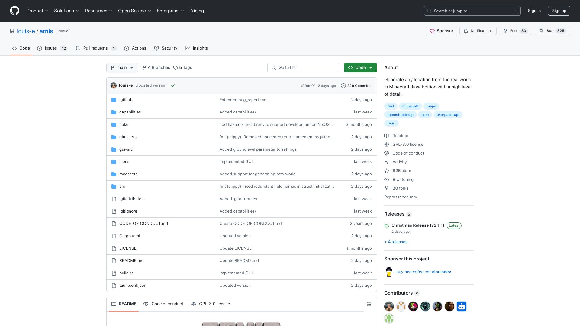 Screenshot of github.com: Arnis: Generate cities in Minecraft from OpenStreetMap