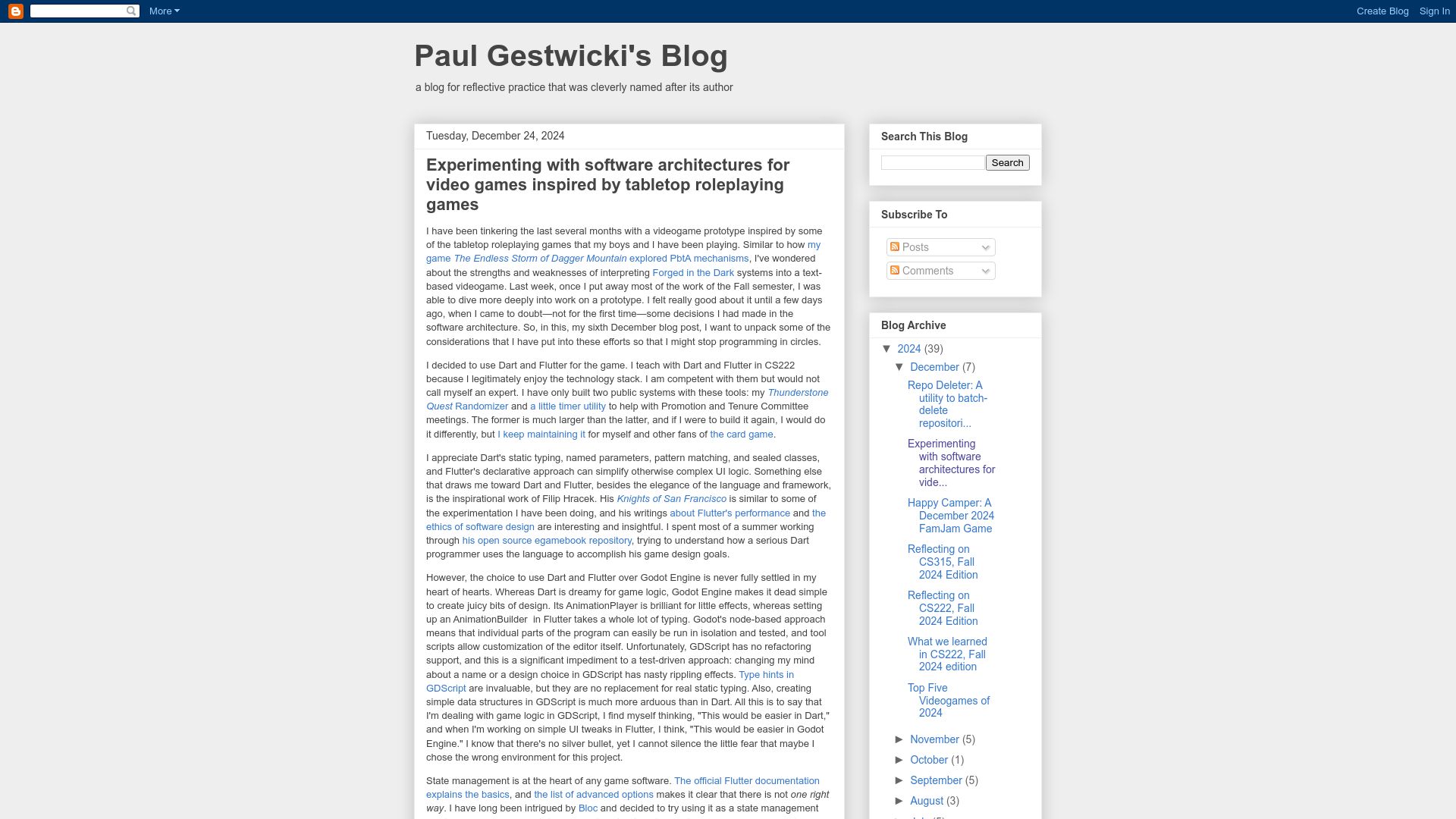 Screenshot of paulgestwicki.blogspot.com: Experimenting with architectures for video games inspired by tabletop games