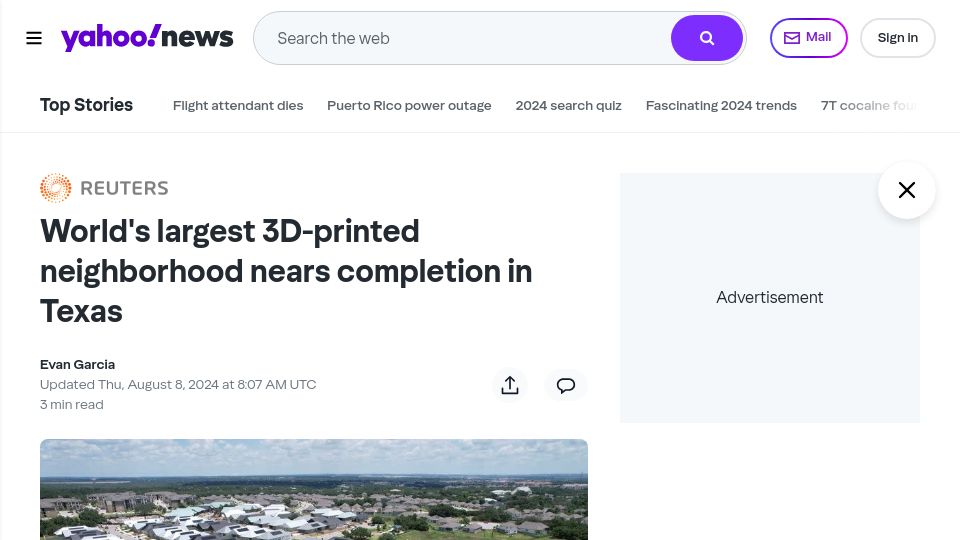 Screenshot of yahoo.com: 3D-printed neighborhood nears completion in Texas